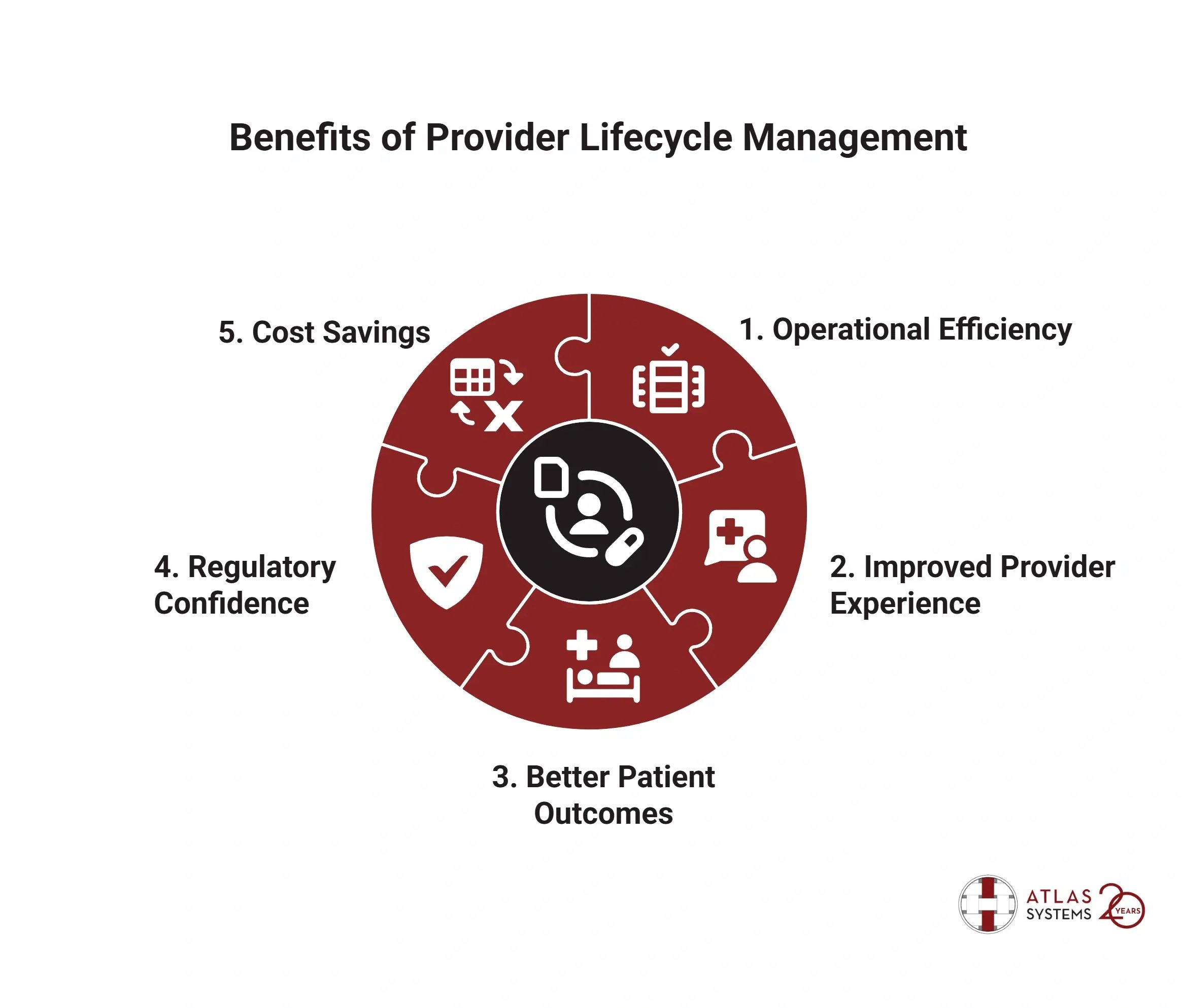 Puzzle piece diagram showing five provider life cycle management benefits including efficiency and cost savings.